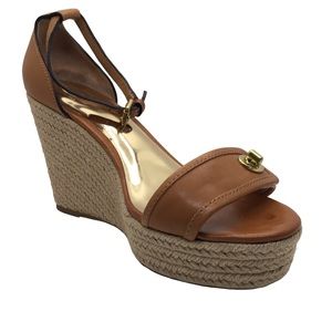 Coach Wedge Adjustable Ankle Straps Sandals Tan Leather trim Size 10B